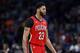 New Orleans Pelicans forward Anthony Davis (23) during the first half of an NBA basketball game in New Orleans, Thursday, Feb. 14, 2019. (AP Photo/Tyler Kaufman)