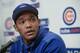 Chicago Cubs shortstop Addison Russell speaks at a press conference after a spring training baseball workout Friday, Feb. 15, 2019, in Mesa, Ariz. (AP Photo/Morry Gash)
