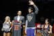 General manager of the New Orleans Pelicans Dell Demps, second from left, presents the All Star Game jersey to forward Anthony Davis, right, before an NBA basketball game against the Utah Jazz in New Orleans, Wednesday, Feb. 8, 2017. Jazz won 127-94. (AP Photo/Max Becherer)