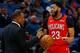 NEW ORLEANS, LOUISIANA - FEBRUARY 14: Anthony Davis #23 of the New Orleans Pelicans and head coach Alvin Gentry talk during the first half against the Oklahoma City Thunder at the Smoothie King Center on February 14, 2019 in New Orleans, Louisiana. NOTE TO USER: User expressly acknowledges and agrees that, by downloading and or using this photograph, User is consenting to the terms and conditions of the Getty Images License Agreement. (Photo by Jonathan Bachman/Getty Images)
