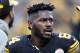 Pittsburgh Steelers wide receiver Antonio Brown (84) warms up before an NFL football game against the New England Patriots in Pittsburgh, Sunday, Dec. 16, 2018. (AP Photo/Keith Srakocic)