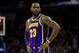 Los Angeles Lakers' LeBron James looks on during the second half of an NBA basketball game against the Philadelphia 76ers, Sunday, Feb. 10, 2019, in Philadelphia. The 76ers won 143-120. (AP Photo/Chris Szagola)