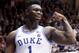 Duke's Zion Williamson (1) celebrates after he scored against North Carolina State during the second half of an NCAA college basketball game in Durham, N.C., Saturday, Feb. 16, 2019. (AP Photo/Chris Seward)