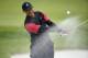 Tiger Woods hits from the green side bunker and holes out for birdie on the 16th hole during the final round of the Genesis Open golf tournament at Riviera Country Club on Sunday, Feb. 17, 2019, in the Pacific Palisades area of Los Angeles. (AP Photo/Ryan Kang)