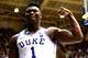 DURHAM, NC - FEBRUARY 16: Zion Williamson #1 of the Duke Blue Devils reacts during their game against the North Carolina State Wolfpack at Cameron Indoor Stadium on February 16, 2019 in Durham, North Carolina. Duke won 94-78. (Photo by Lance King/Getty Images)
