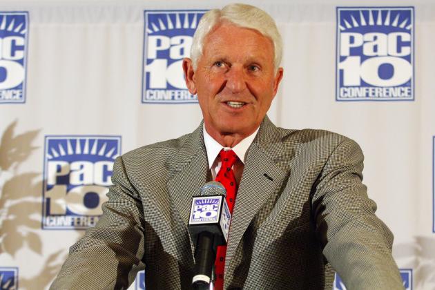 Arizona coach Lute Olson speaks at the Pacific-10 Conference Basketball Media Day at the Hilton Los Angeles Airport in Los Angeles, Calif. on Wednesday, Nov. 3, 2005. (Photo by Kirby Lee/Getty Images)