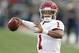 Oklahoma's Kyler Murray (1) throws the ball while warming up before an NCAA college football game against Texas Tech, Saturday, Nov. 3, 2018, in Lubbock, Texas. (AP Photo/Brad Tollefson)