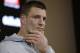New England Patriots tight end Rob Gronkowski speaks to the media following an NFL divisional playoff football game against the Los Angeles Chargers, Sunday, Jan. 13, 2019, in Foxborough, Mass. (AP Photo/Elise Amendola)
