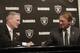 Mike Mayock, left, shakes hands with Oakland Raiders head coach Jon Gruden at a news conference announcing Mayock as the team's general manager in Oakland, Calif., Monday, Dec. 31, 2018. (AP Photo/Jeff Chiu)