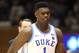 DURHAM, NORTH CAROLINA - FEBRUARY 20: Zion Williamson #1 of the Duke Blue Devils falls as his shoe breaks against Luke Maye #32 of the North Carolina Tar Heels during their game at Cameron Indoor Stadium on February 20, 2019 in Durham, North Carolina. (Photo by Streeter Lecka/Getty Images)