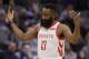 Houston Rockets guard James Harden waves to the crowd after he was called for a technical foul during the second half of the team's NBA basketball game against the Sacramento Kings, Wednesday, Feb. 6, 2019, in Sacramento, Calif. The Rockets won 127-101. (AP Photo/Rich Pedroncelli)
