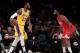 Los Angeles, Calif. - February 21: LeBron James # 23 of the Los Angeles Lakers dribbles to James Harden # 13 of the Houston Rockets during the first half at Staples Center on February 21, 2019 in Los Angeles, California. (Photo of Harry How / Getty Images)