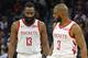 Houston Rockets' James Harden, left, and Chris Paul confer in an NBA basketball game against the Minnesota Timberwolves Wednesday, Feb. 13, 2019, in Minneapolis. (AP Photo/Jim Mone)