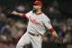 Philadelphia Phillies' Pat Neshek reacts after the final out in the team's 5-2 win over the Arizona Diamondbacks in a baseball game Tuesday, Aug. 7, 2018, in Phoenix. (AP Photo/Rick Scuteri)