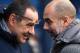 Manchester City's Spanish manager Pep Guardiola greets Chelsea's Italian head coach Maurizio Sarri ahead of the English Premier League football match between Manchester City and Chelsea at the Etihad Stadium in Manchester, north west England, on February 10, 2019. (Photo by Oli SCARFF / AFP) / RESTRICTED TO EDITORIAL USE. No use with unauthorized audio, video, data, fixture lists, club/league logos or 'live' services. Online in-match use limited to 120 images. An additional 40 images may be used in extra time. No video emulation. Social media in-match use limited to 120 images. An additional 40 images may be used in extra time. No use in betting publications, games or single club/league/player publications. / (Photo credit should read OLI SCARFF/AFP/Getty Images)