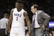 Duke's Zion Williamson speaks with coach Mike Krzyzewski during the second half of an NCAA college basketball game against Princeton in Durham, N.C., Tuesday, Dec. 18, 2018. (AP Photo/Gerry Broome)