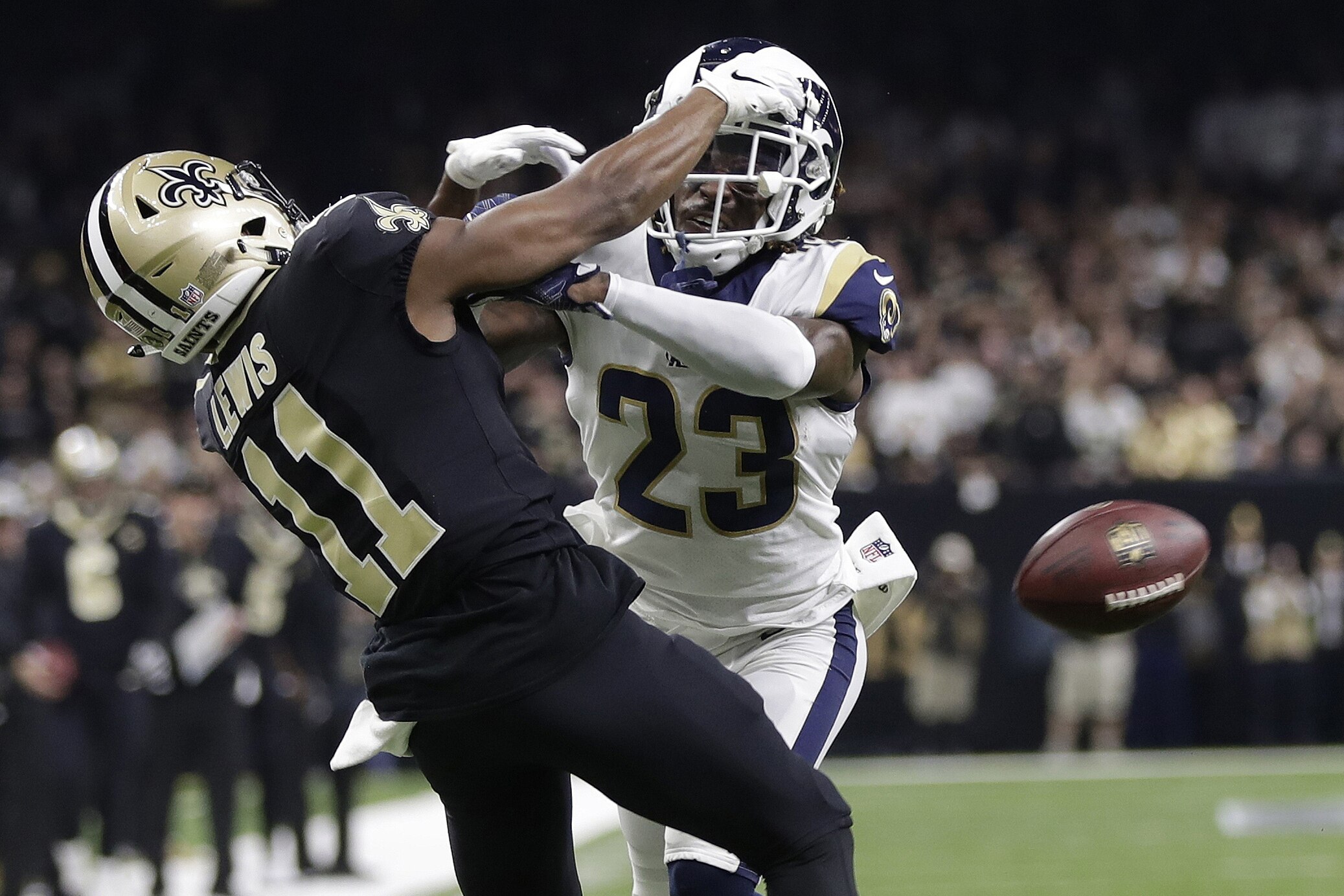 FILE - In this Jan. 20, 2019, file photo, Los Angeles Rams' Nickell Robey-Coleman breaks up a pass intended for New Orleans Saints' Tommylee Lewis during the second half of the NFL football NFC championship game in New Orleans. Robey-Coleman says he received