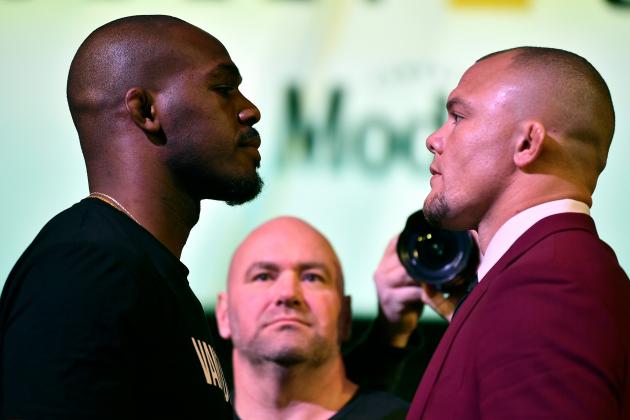 LAS VEGAS, NEVADA - JANUARY 31:  (L-R) Opponents Jon Jones and Anthony Smith face off during the UFC 235 Press Conference inside the David Copperfield Theater at MGM Grand on January 31, 2019 in Las Vegas, Nevada. (Photo by Chris Unger/Zuffa LLC/Zuffa LLC via Getty Images)