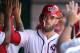 WASHINGTON, DC - SEPTEMBER 03: Bryce Harper #34 of the Washington Nationals celebrates his two-run home run in the ninth inning that tied the game against the St Louis Cardinals at Nationals Park on September 3, 2018 in Washington, DC. (Photo by Mitchell Layton/Getty Images)