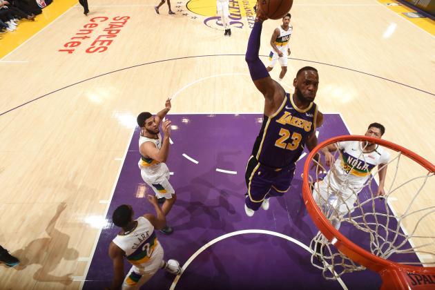 LOS ANGELES, CA - FEBRUARY 27:  LeBron James #23 of the Los Angeles Lakers dunks the ball against the New Orleans Pelicans on February 27, 2019 at STAPLES Center in Los Angeles, California. NOTE TO USER: User expressly acknowledges and agrees that, by downloading and/or using this Photograph, user is consenting to the terms and conditions of the Getty Images License Agreement. Mandatory Copyright Notice: Copyright 2019 NBAE (Photo by Andrew D. Bernstein/NBAE via Getty Images)