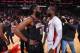 HOUSTON, TX - FEBRUARY 28: James Harden, No. 13 Houston Rockets and Dwyane Wade, No. 3 Miami Heat, after a game on February 28, 2019 at the Toyota Center in Houston, Texas. NOTE TO THE USER: The user acknowledges and expressly agrees that, by downloading and / or using this photo, the user consents to the terms and conditions of the Getty Images License Agreement. Compulsory Copyright Notice: Copyright 2019 NBAE (Photo by Bill Baptist / NBAE via Getty Images)