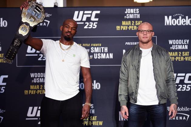 LAS VEGAS, NEVADA - FEBRUARY 27:  (L-R) Jon Jones and Anthony Smith pose for the media during the UFC 235 Ultimate Media Day at T-Mobile Arena on February 27, 2019 in Las Vegas, Nevada. (Photo by Jeff Bottari/Zuffa LLC/Zuffa LLC via Getty Images)