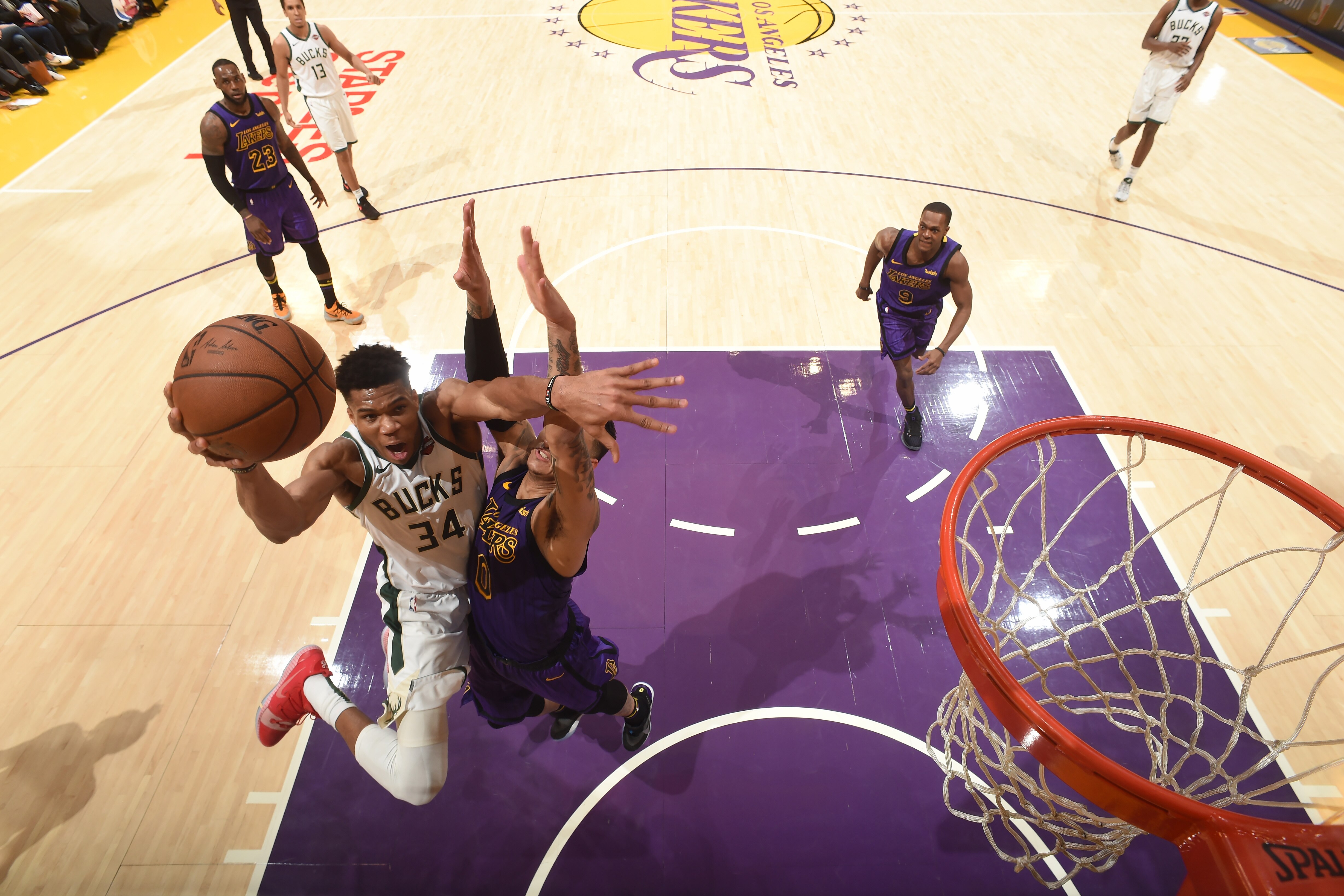 LOS ANGELES, CA - MARCH 1: Giannis Antetokounmpo #34 of the Milwaukee Bucks shoots the ball against the Los Angeles Lakers on March 1 2019 at STAPLES Center in Los Angeles, California. NOTE TO USER: User expressly acknowledges and agrees that, by downloading and/or using this Photograph, user is consenting to the terms and conditions of the Getty Images License Agreement. Mandatory Copyright Notice: Copyright 2019 NBAE (Photo by Andrew D. Bernstein/NBAE via Getty Images)