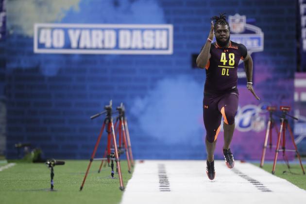 Florida defensive lineman Jachai Polite runs the 40-yard dash during the NFL football scouting combine, Sunday, March 3, 2019, in Indianapolis. (AP Photo/Darron Cummings)