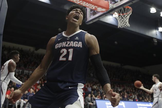 Gonzaga forward Rui Hachimura (21) yells after dunking against Saint Mary's during the first half of an NCAA college basketball game in Moraga, Calif., Saturday, March 2, 2019. (AP Photo/Jeff Chiu)