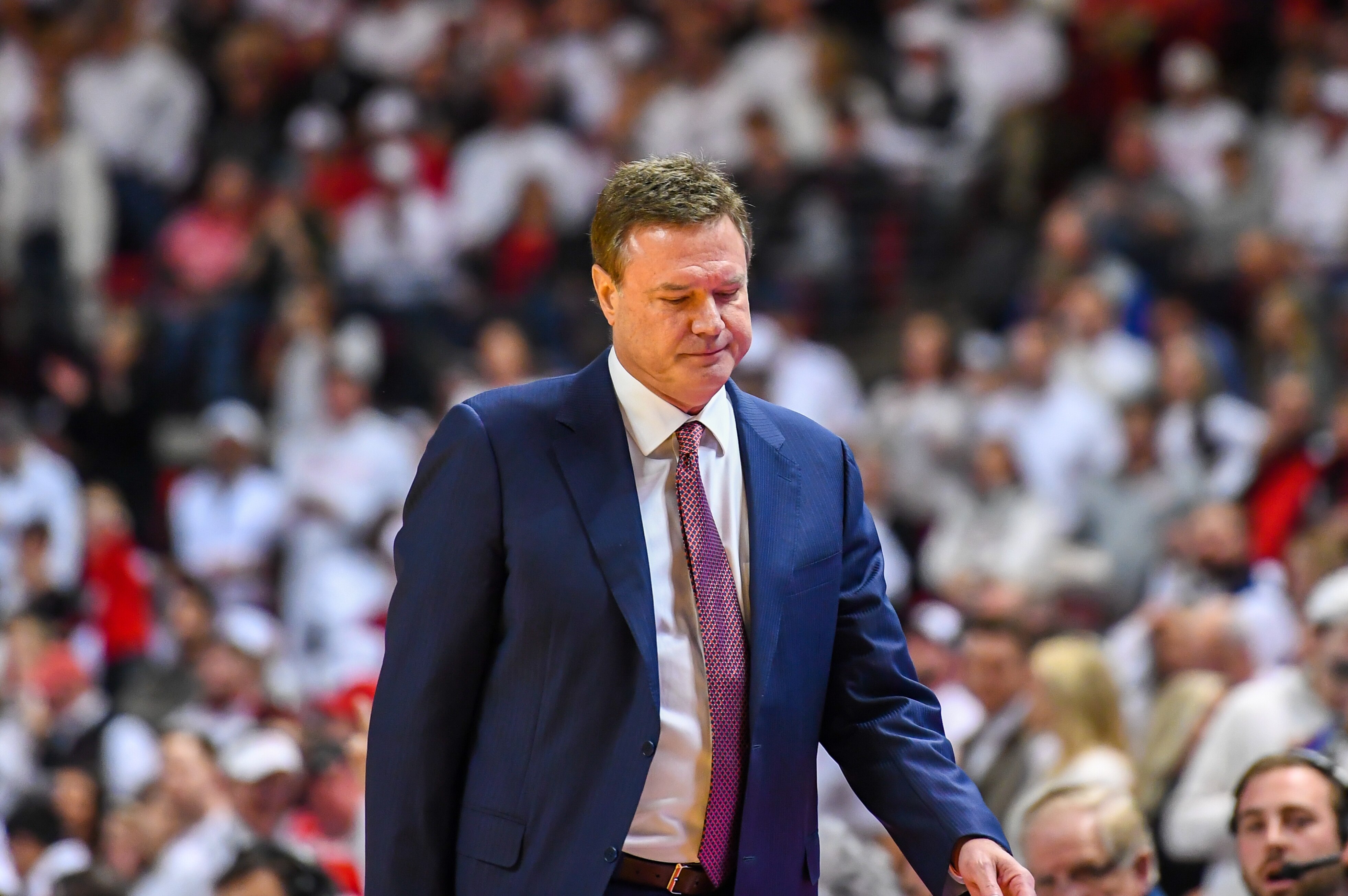 LUBBOCK, TX - FEBRUARY 23: Head coach Bill Self of the Kansas Jayhawks walks back to the bench during the game against the Texas Tech Red Raiders on February 23, 2019 at United Supermarkets Arena in Lubbock, Texas. Texas Tech defeated Kansas 91-62. (Photo by John Weast/Getty Images)