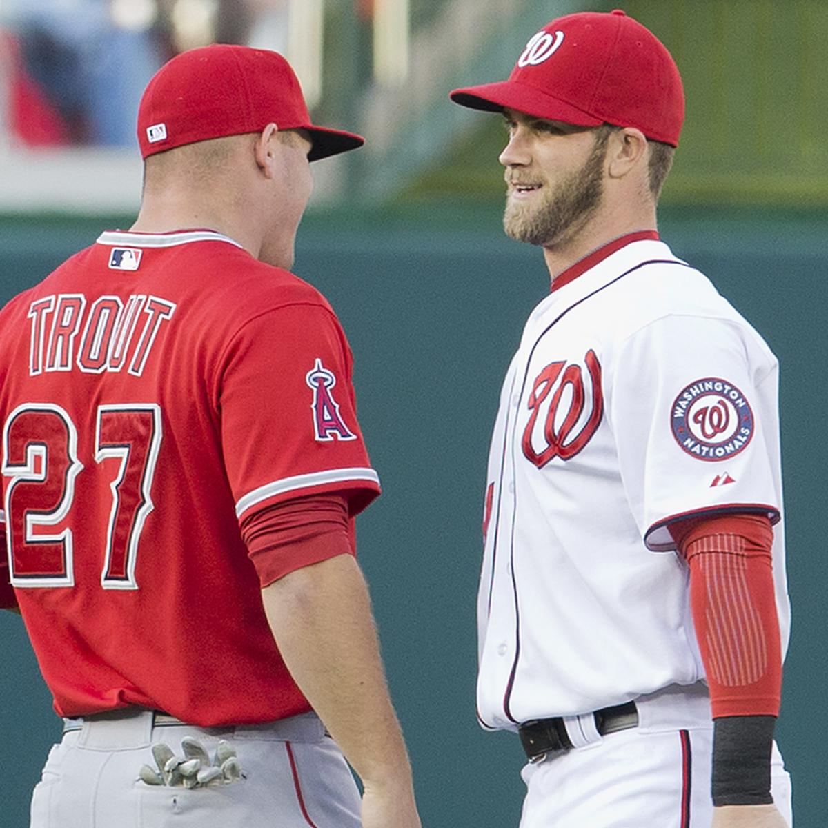 PHILADELPHIA, PA - JUNE 03: Los Angeles Angels center fielder Mike Trout  (27) and Philadelphia Phillies designated hitter Bryce Harper (3) pose for  photos on the field prior to the Major League