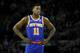 LONDON, ENGLAND - JANUARY 17: Frank Ntilikina of The New York Knicks looks on during the NBA London game 2019 between Washington Wizards and New York Knicks at The O2 Arena on January 17, 2019 in London, England. (Photo by Naomi Baker/Getty Images)