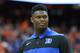 SYRACUSE, NY - FEBRUARY 23: Zion Williamson #1 of the Duke Blue Devils stands on the court prior to the game against the Syracuse Orange at the Carrier Dome on February 23, 2019 in Syracuse, New York. Duke defeated Syracuse 75-65. (Photo by Rich Barnes/Getty Images)