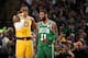 BOSTON, MA - FEBRUARY 7: LeBron James #23 of the Los Angeles Lakers and Kyrie Irving #11 of the Boston Celtics talk during the game on February 7, 2019 at the TD Garden in Boston, Massachusetts. NOTE TO USER: User expressly acknowledges and agrees that, by downloading and/or using this photograph, user is consenting to the terms and conditions of the Getty Images License Agreement. Mandatory Copyright Notice: Copyright 2019 NBAE (Photo by Brian Babineau/NBAE via Getty Images)