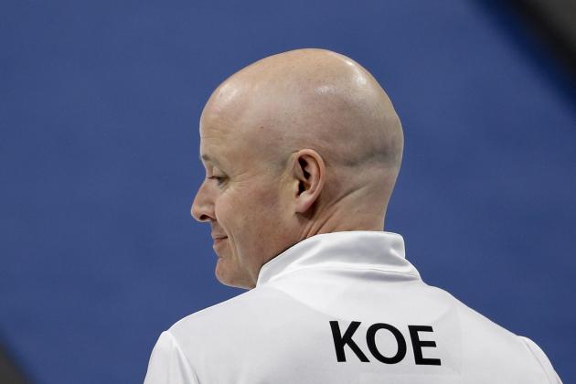 Canada's skip Kevin Koe look on during the men's bronze medal curling match against Switzerland at the 2018 Winter Olympics in Gangneung, South Korea, Friday, Feb. 23, 2018. (AP Photo/Natacha Pisarenko)