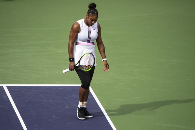 INDIAN WELLS, CALIFORNIA - MARCH 10: Serena Williams of the United States walks back to her chair to receive medical attention for a viral infection during her match against Garbine Muguruza of Spain in the second round of the BNP Paribas Masters on March 10, 2019 at the Indian Wells Tennis Garden in Indian Wells, California. (Photo by TPN/Getty Images)