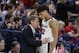 Gonzaga head coach Mark Few, left, speaks with forward Jeremy Jones during the second half of an NCAA college basketball game against BYU in Spokane, Wash., Saturday, Feb. 23, 2019. (AP Photo/Young Kwak)