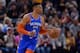 SALT LAKE CITY, UT - MARCH 11: Russell Westbrook #0 of the Oklahoma City Thunder brings the ball up court against the Utah Jazz in the first half of a NBA game at Vivint Smart Home Arena on March 11, 2019 in Salt Lake City, Utah. NOTE TO USER: User expressly acknowledges and agrees that, by downloading and or using this photograph, User is consenting to the terms and conditions of the Getty Images License Agreement. (Photo by Gene Sweeney Jr./Getty Images)