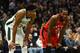 MILWAUKEE, WISCONSIN - JANUARY 05: Giannis Antetokounmpo #34 of the Milwaukee Bucks and Kawhi Leonard #2 of the Toronto Raptors wait for a free throw during a game at Fiserv Forum on January 05, 2019 in Milwaukee, Wisconsin. NOTE TO USER: User expressly acknowledges and agrees that, by downloading and or using this photograph, User is consenting to the terms and conditions of the Getty Images License Agreement. (Photo by Stacy Revere/Getty Images)