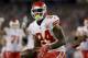 Kansas City Chiefs Demetrius Harris #84 scores a touchdown against the New England Patriots during an NFL football game, Thursday, Sept. 7, 2017, in Foxborough, Mass. (AP Photo/Gregory Payan)