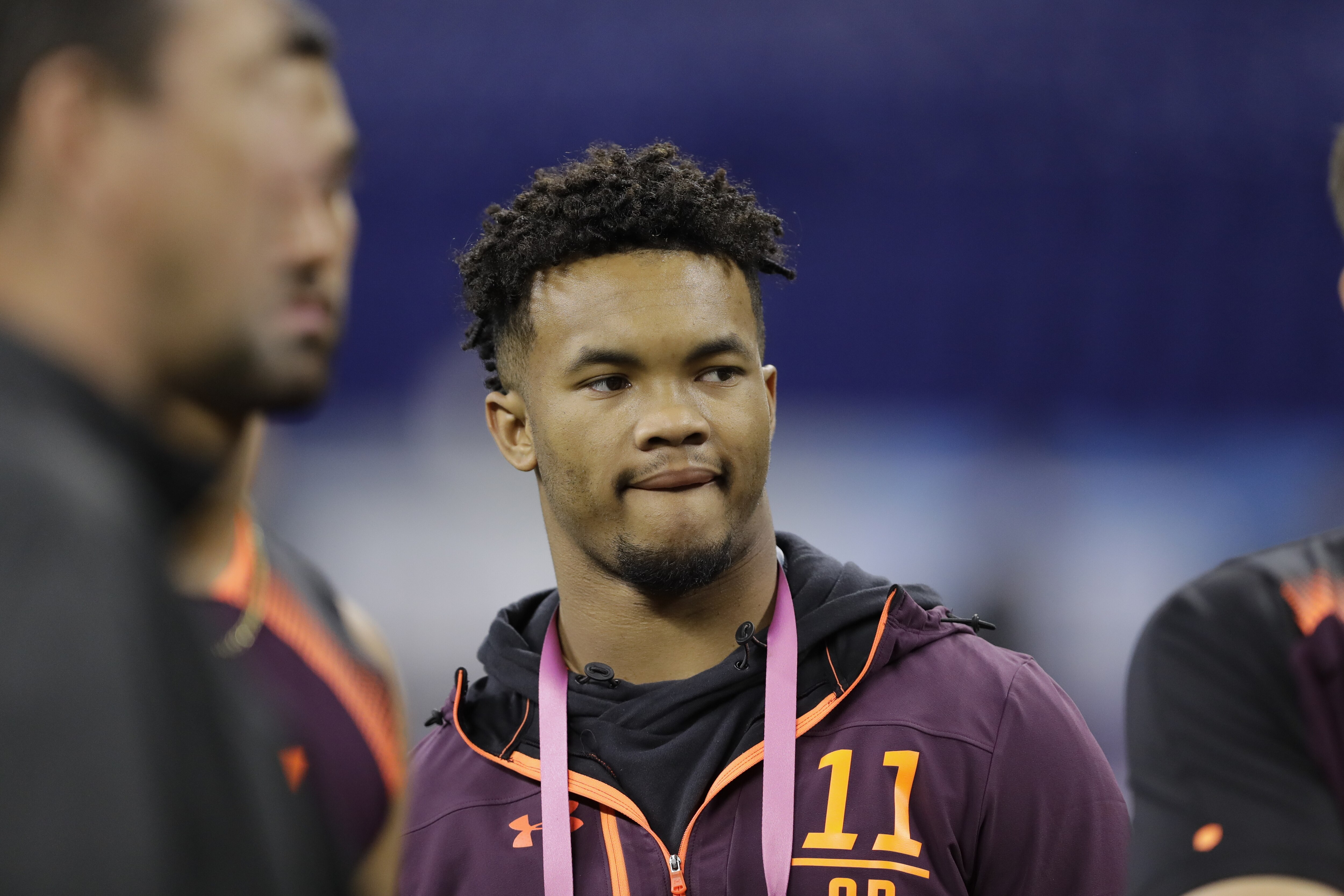 Oklahoma quarterback Kyler Murray watches during the NFL football scouting combine, Saturday, March 2, 2019, in Indianapolis. (AP Photo/Darron Cummings)