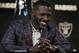 Oakland Raiders wide receiver Antonio Brown smiles during an NFL football news conference, Wednesday, March 13, 2019, in Alameda, Calif. (AP Photo/Ben Margot)