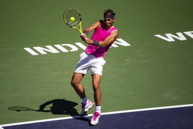 INDIAN WELLS, CALIFORNIA - MARCH 13: Rafael Nadal of Spain hits a forehand against Filip Krajinovic of Serbia on March 13, 2019 at the Indian Wells Tennis Garden in Indian Wells, California. (Photo by TPN/Getty Images)
