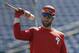 Philadelphia Phillies' Bryce Harper waits his turn in the batting cage before a spring training baseball game against the Toronto Blue Jays Saturday, March 9, 2019, in Clearwater, Fla. (AP Photo/Chris O'Meara)