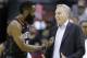 Houston Rockets guard James Harden (13) and head coach Mike D'Antoni talk during a timeout during the second half of an NBA basketball game against the Atlanta Hawks, Monday, Feb. 25, 2019, in Houston. (AP Photo/Eric Christian Smith)
