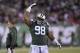 New York Jets defensive tackle Mike Pennel (98) gestures between plays against the Houston Texans during the second half of an NFL football game, Saturday, Dec. 15, 2018, in East Rutherford, N.J. (AP Photo/Bill Kostroun)