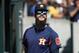Houston Astros pitcher Dallas Keuchel watches in the second inning of a baseball game against the Detroit Tigers in Detroit, Wednesday, Sept. 12, 2018. (AP Photo/Paul Sancya)
