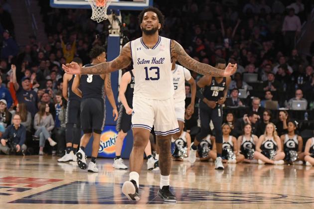 NEW YORK, NY - MARCH 14:  Myles Powell #13 of the Seton Hall Pirates celebrates a shot in the first half during the Big East Conference basketball Quarterfinal game against the Georgetown Hoyas at Madison Square Garden March 14, 2019 in New York City.  (Photo by Mitchell Layton/Getty Images)