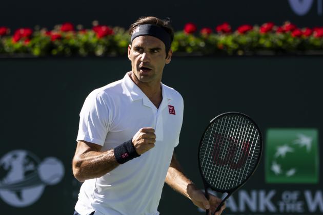 INDIAN WELLS, CALIFORNIA - MARCH 13: Roger Federer of Switzerland celebrates against Kyle Edmund of Great Britain on March 13, 2019 at the Indian Wells Tennis Garden in Indian Wells, California. (Photo by TPN/Getty Images)