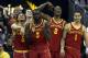 KANSAS CITY, MISSOURI - MARCH 14: Lindell Wigginton #5, Marial Shayok #3, Cameron Lard #2, and Nick Weiler-Babb #1 of the Iowa State Cyclones react from the bench during the quarterfinal game of the Big 12 Basketball Tournament against the Baylor Bears at Sprint Center on March 14, 2019 in Kansas City, Missouri. (Photo by Jamie Squire/Getty Images)